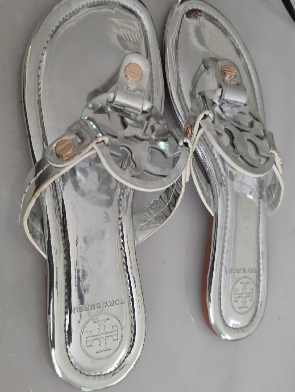 Tory Burch Metallic Silver Logo Thong Sandals with Gold Accents - Picture 2 of 3